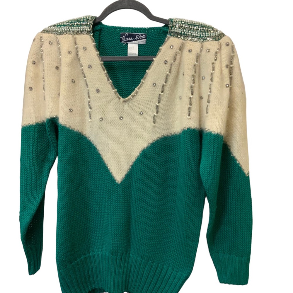 80s Vanna White Original Size Medium  Sweater Beaded Wool Blend Shoulder Pads